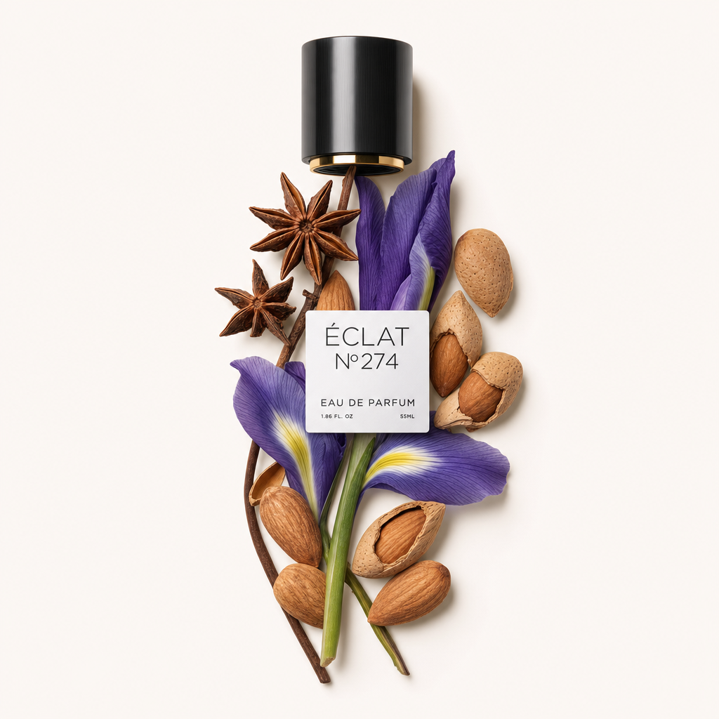 Ein Arrangement aus Sternanis, violetten Schwertlilien und Mandelschoten umrahmt eine schwarze Verschlusskappe mit ÉCLAT Powdery Almond Etikett.