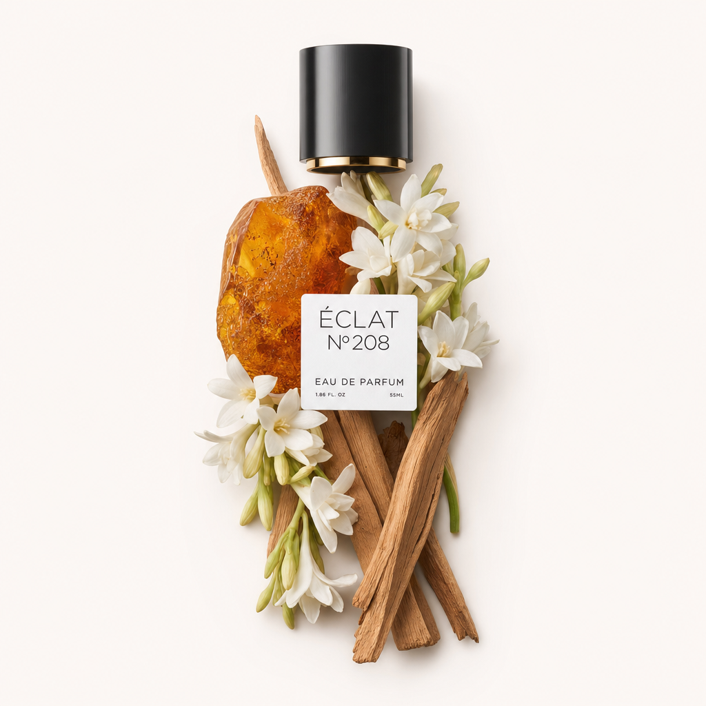 Ein Arrangement aus weißen Blüten und Bernsteinharz mit Holzstöcken, das eine schwarze Verschlusskappe mit Etikett für ÉCLAT Powdery Amber umgibt.
