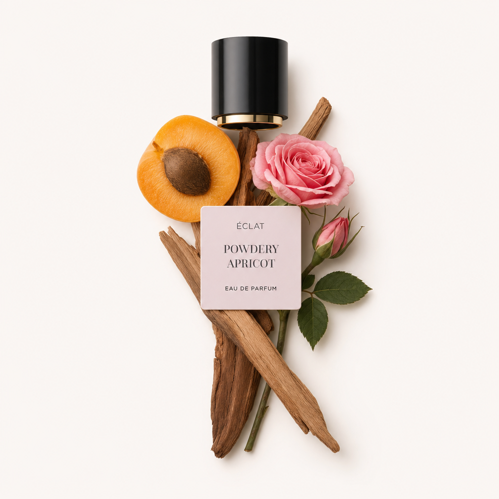 Ein Arrangement aus einer halben Aprikose, Holzstücken und einer rosa Rose mit Blättern, begleitet von einer schwarzen Kappe und ÉCLAT Powdery Apricot Etikett.