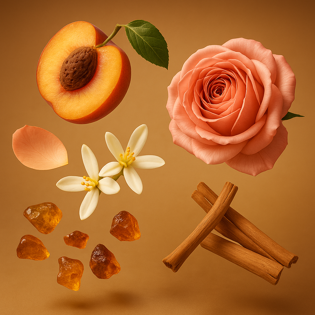 Komposition von ÉCLAT Powdery Apricot mit Aprikose, Rose, Zimtstangen, Blüten, und Bernsteinstücken auf warmem Goldhintergrund.