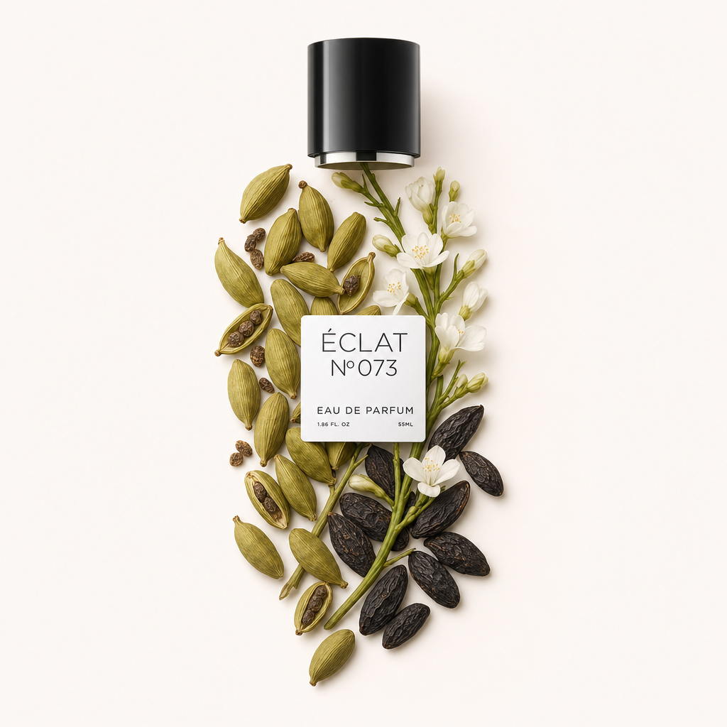 Ein Arrangement aus Kardamomkapseln, weißen Blüten und Tonkabohnen umgibt die schwarze Verschlusskappe mit Etikett für ÉCLAT Powdery Cardamom.