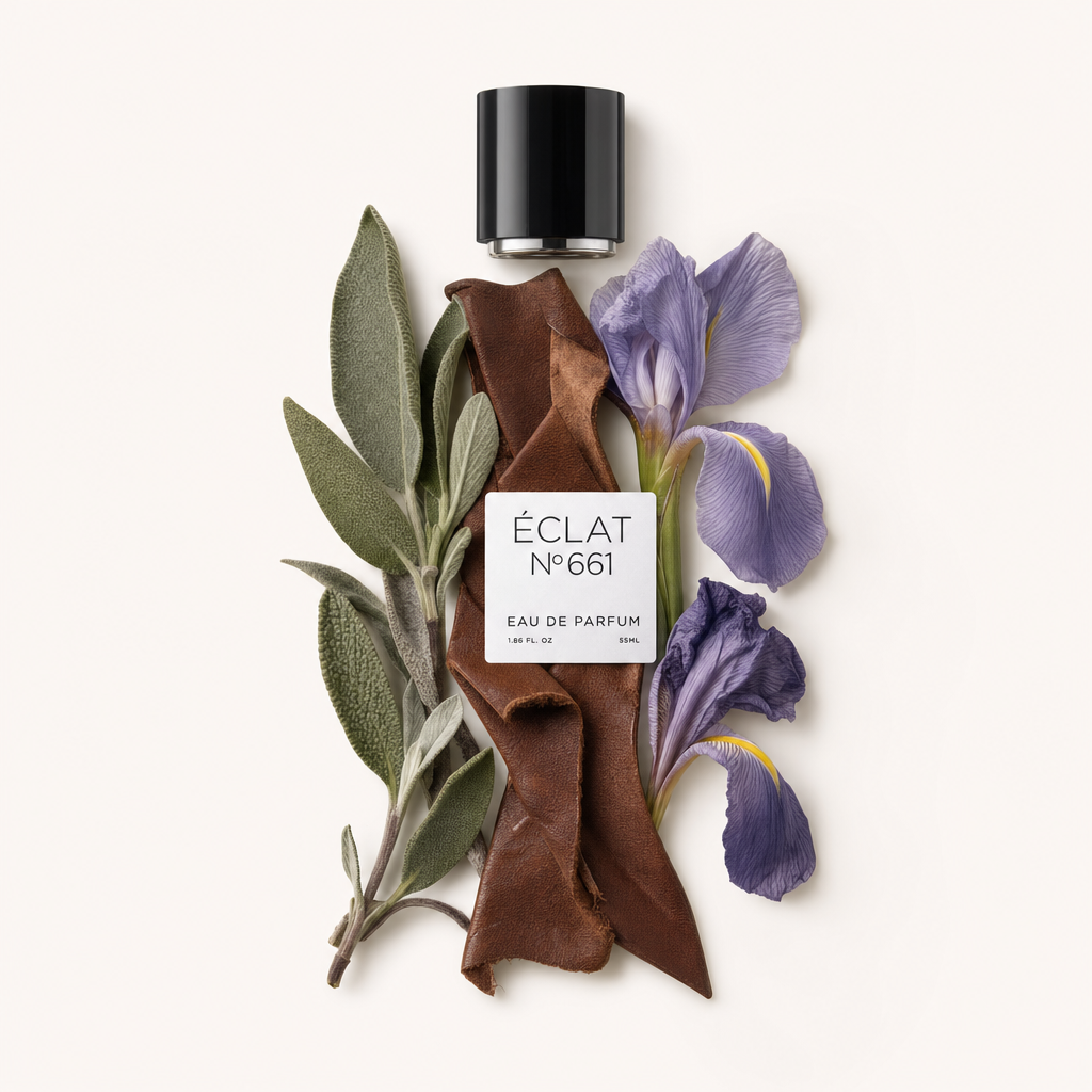 Ein Arrangement aus Salbeiblättern, einem braunen Lederstreifen und violetten Irisblüten mit ÉCLAT-Etikett, darüber eine schwarze Kappe.
