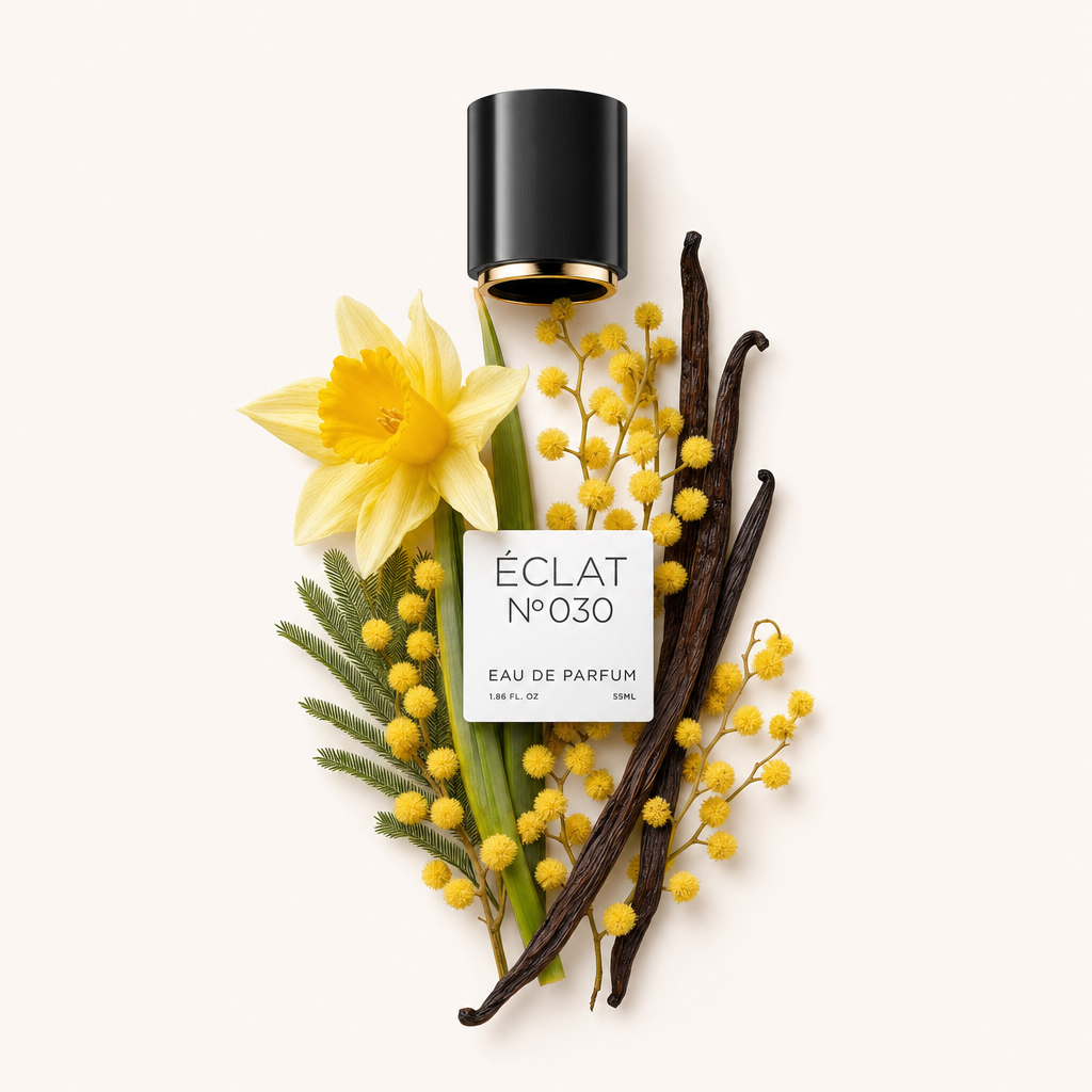 Ein Arrangement aus einer gelben Narzisse, Mimosenzweigen und Vanilleschoten mit einer schwarzen Kappe mit ÉCLAT Powdery Daffodil Etikett.