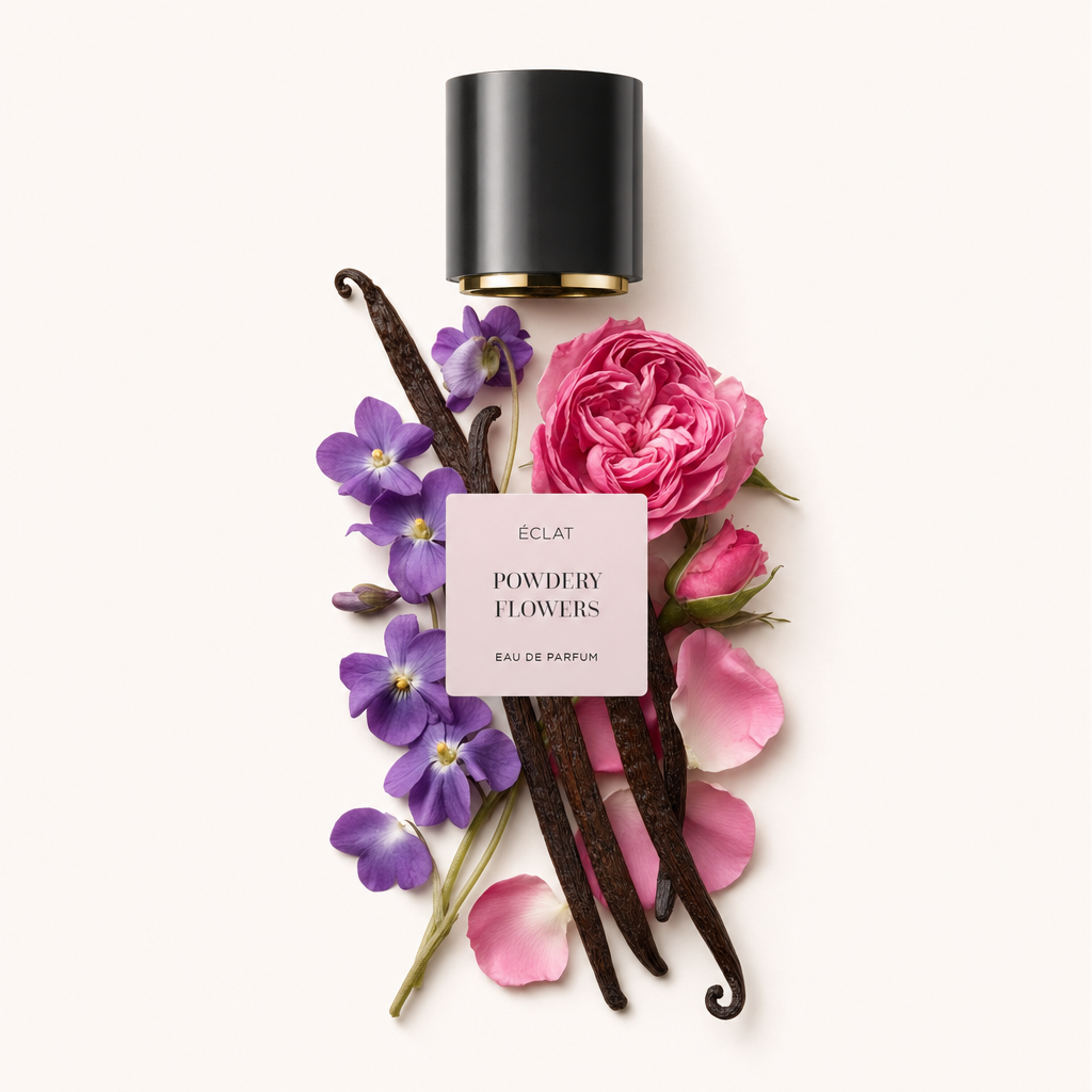 Ein Arrangement aus violetten und rosa Blüten mit Vanilleschoten, die eine schwarze Kappe mit dem Label ÉCLAT Powdery Flowers umgeben.