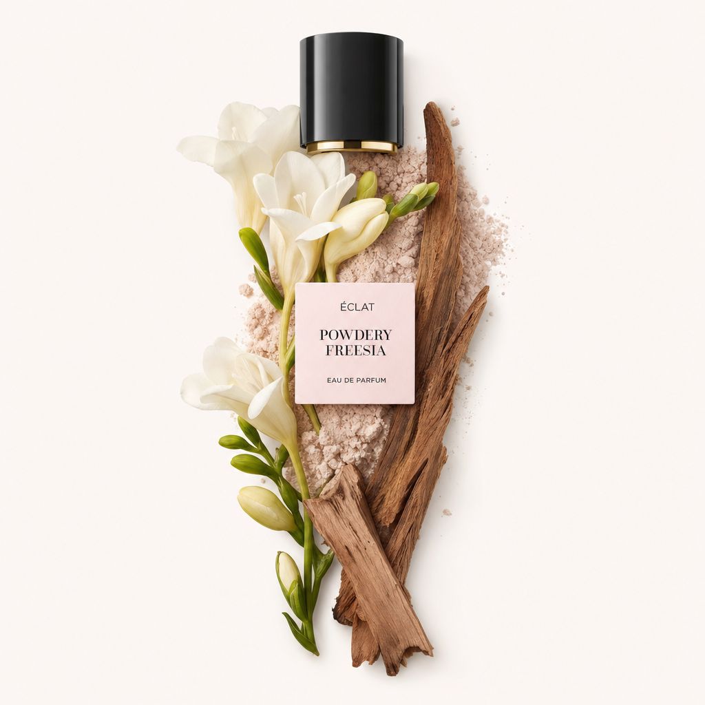 Ein Stillleben aus weißen Freesienblüten und braunem Holz auf einem Hintergrund aus feinem Puder, begleitet von der originalen schwarzen Kappe mit ÉCLAT Powdery Freesia Etikett.