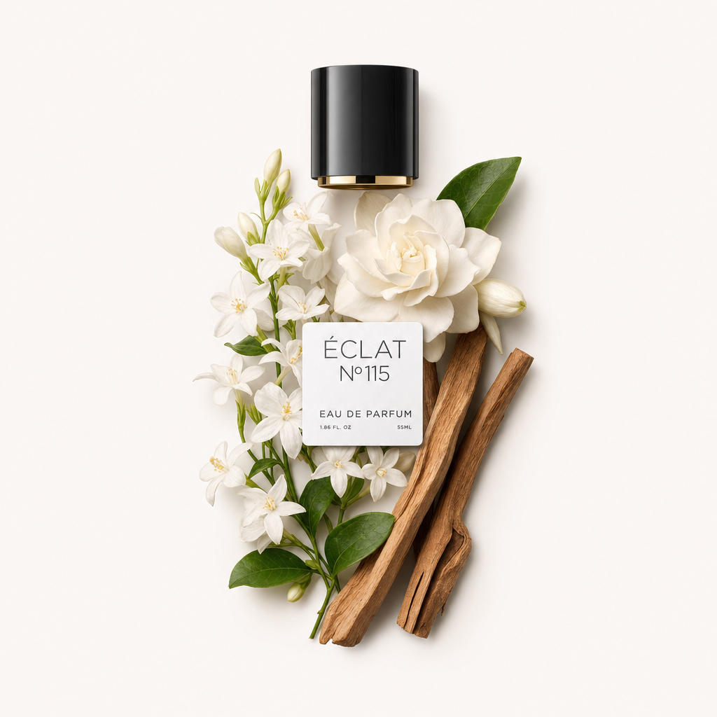 Ein Arrangement aus Jasminblüten, einer weißen Kamelie und Sandelholzstäbchen umgibt eine schwarze Kappe mit goldenem Rand und dem ÉCLAT Powdery Jasmine Etikett.