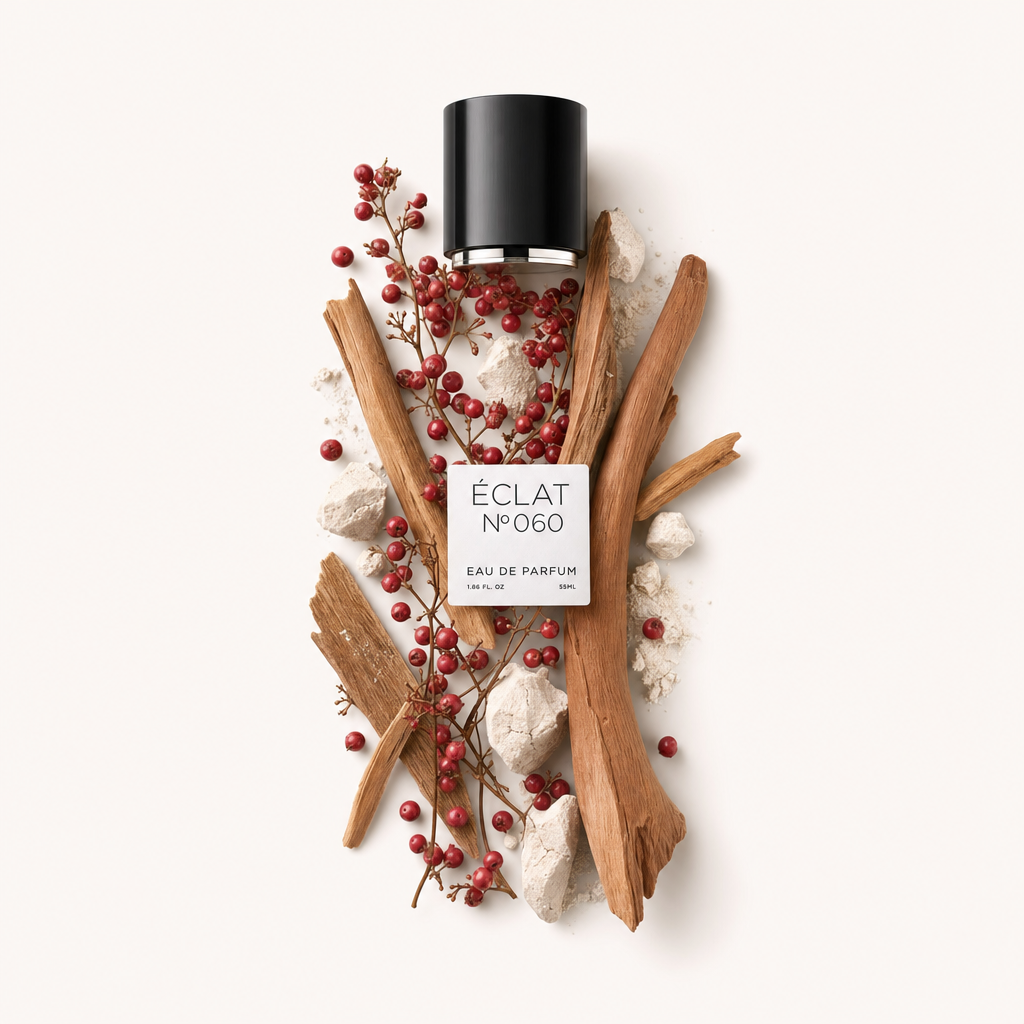 Ein Arrangement aus roten Beeren und Lorbeerblättern sowie strukturierten Steinstücken umgibt eine schwarze Kappe mit ÉCLAT Powdery Laurel Leaf Etikett.