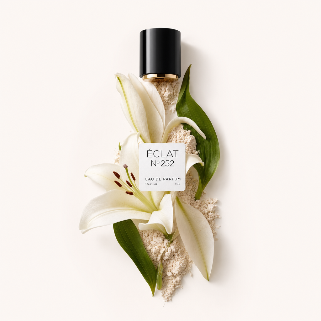 Ein Arrangement aus weißen Lilienblüten, grünen Blättern und einer Prise Puder umgibt die originale schwarze Kappe mit dem Etikett ÉCLAT Powdery Lily.