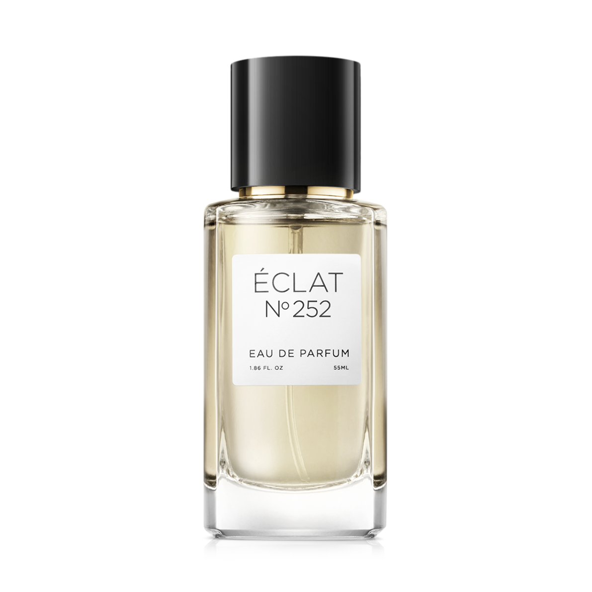 ÉCLAT Powdery Lily in einem klaren rechteckigen Glasflakon mit schwarzem Verschluss und weißem Etikett.