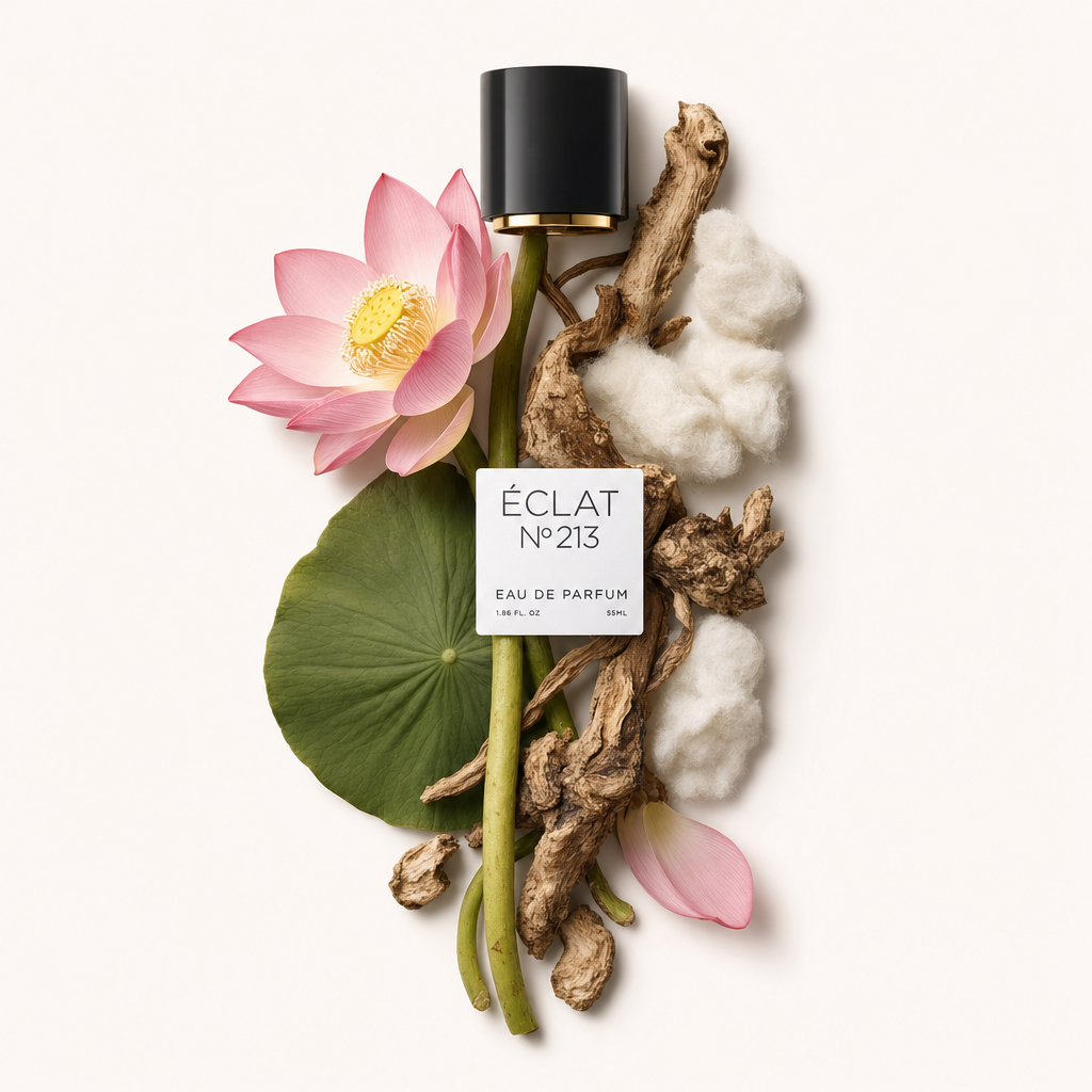 Ein Arrangement aus einer rosa Lotusblume, grünem Blatt, Holztexturen und Baumwolle, begleitet von einer schwarzen Kappe mit ÉCLAT Powdery Lotus Etikett.