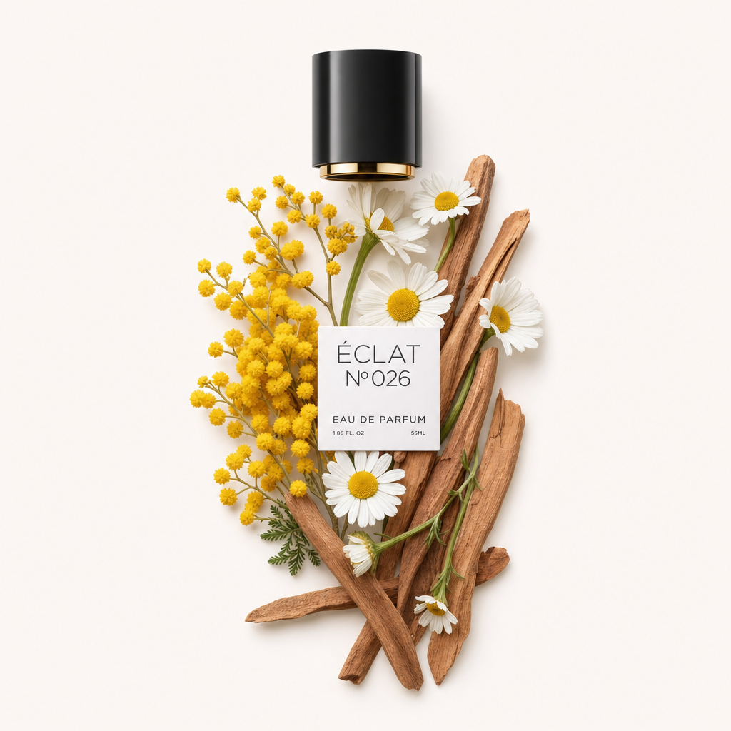 Ein Arrangement aus Mimosenblüten, Gänseblümchen und Holzstäbchen umgibt eine schwarze Kappe mit goldenem Inneren, etikettiert für ÉCLAT Powdery Mimosa.