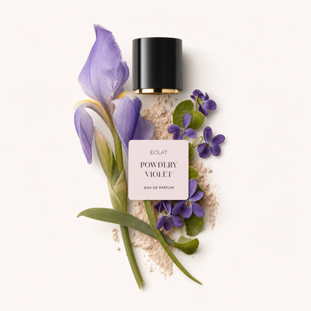 Ein Arrangement aus Veilchenblüten und grünen Blättern auf einem Bett aus hellem Puder, mit einer schwarzen Kappe und einem Etikett, das ÉCLAT Powdery Violet zeigt.