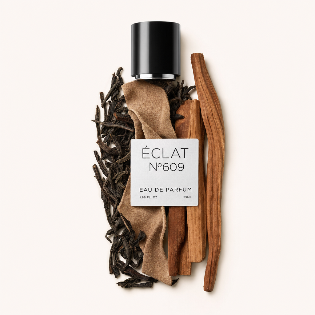 Ein Arrangement aus getrockneten Teeblättern, rohen Holzstäben und einem Wildlederstoff ist kunstvoll um die schwarze Kappe mit Etikett von ÉCLAT Powdery Woods platziert.