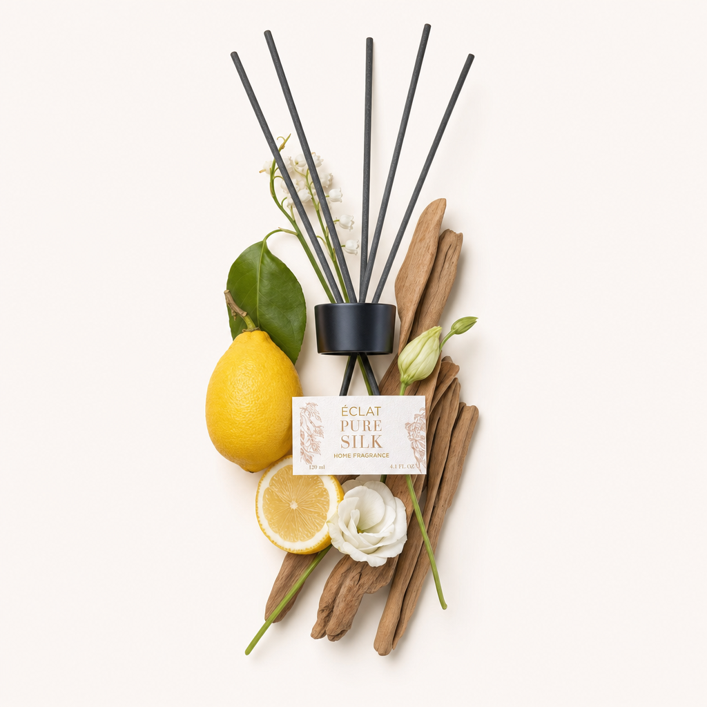 Ein Arrangement aus Duftstäbchen mit Zitrone, weißen Blüten, grünen Blättern und hellen Holzstücken, gekrönt von einer schwarzen Kappe mit 'ÉCLAT Pure Silk'-Etikett.