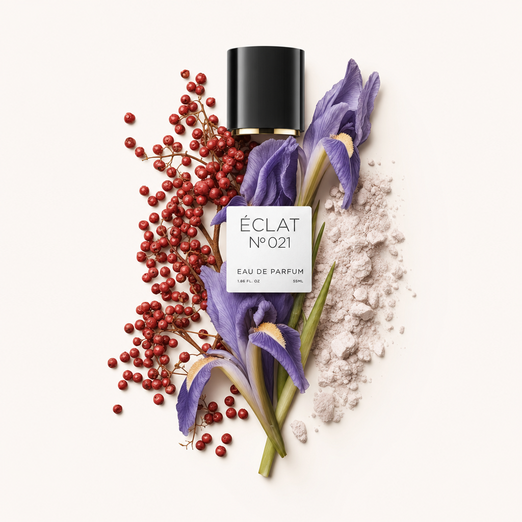Ein Arrangement aus lebhaften violetten Blüten, rosa Pfefferkörnern und feinem Puder mit einer schwarzen Kappe, die das ÉCLAT Purple Flowers & Powder Etikett zeigt.