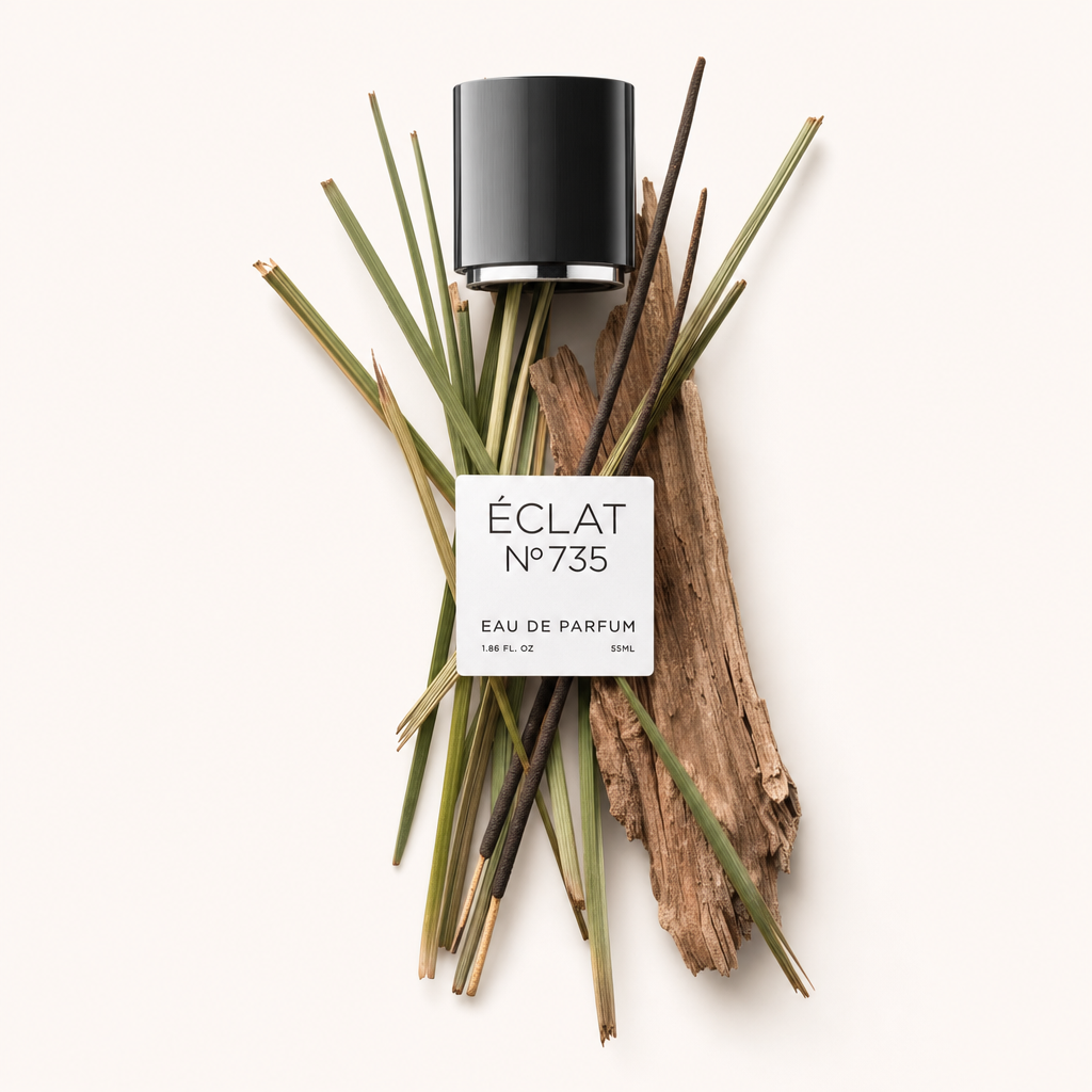 Ein Arrangement aus getrocknetem Gras und Rinde mit einer schwarzen Kappe mit der Aufschrift ÉCLAT Ambery Woods.
