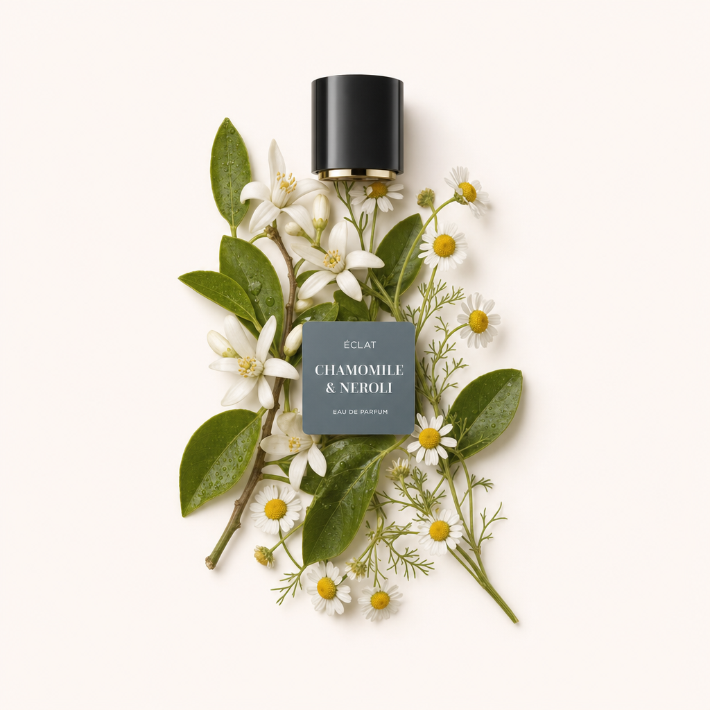 Ein Arrangement aus Kamille- und Neroliblüten mit glänzenden grünen Blättern umrahmt die originale schwarze Verschlusskappe mit Etikett von ÉCLAT Chamomile & Neroli.