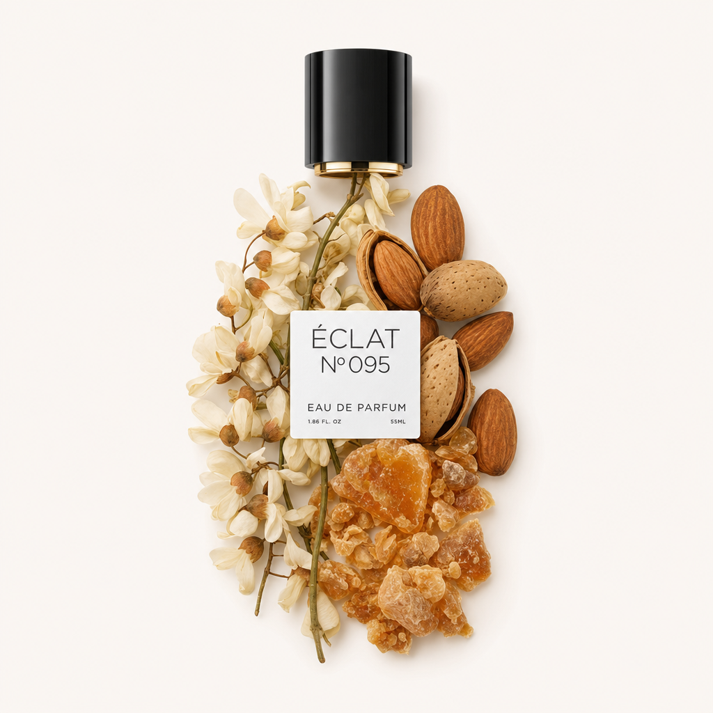 Ein Arrangement aus Mandelnüssen, Blüten und harzigen Amber-Elementen umgibt eine schwarze Kappe mit ÉCLAT-Etikett.