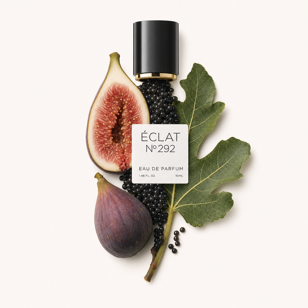 Ein üppiges Arrangement aus Brombeeren, Feigen und einem Feigenblatt umgibt eine schwarze Kappe mit ÉCLAT-Etikett.
