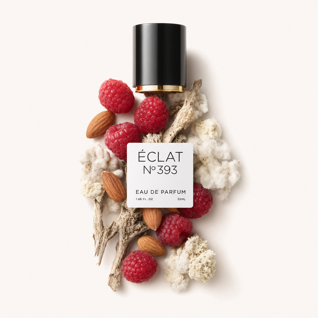 Ein Arrangement aus frischen Himbeeren, Mandeln und natürlichen Holzästen umgibt eine schwarze Verschlusskappe mit Etikett für ÉCLAT Musky Raspberry.