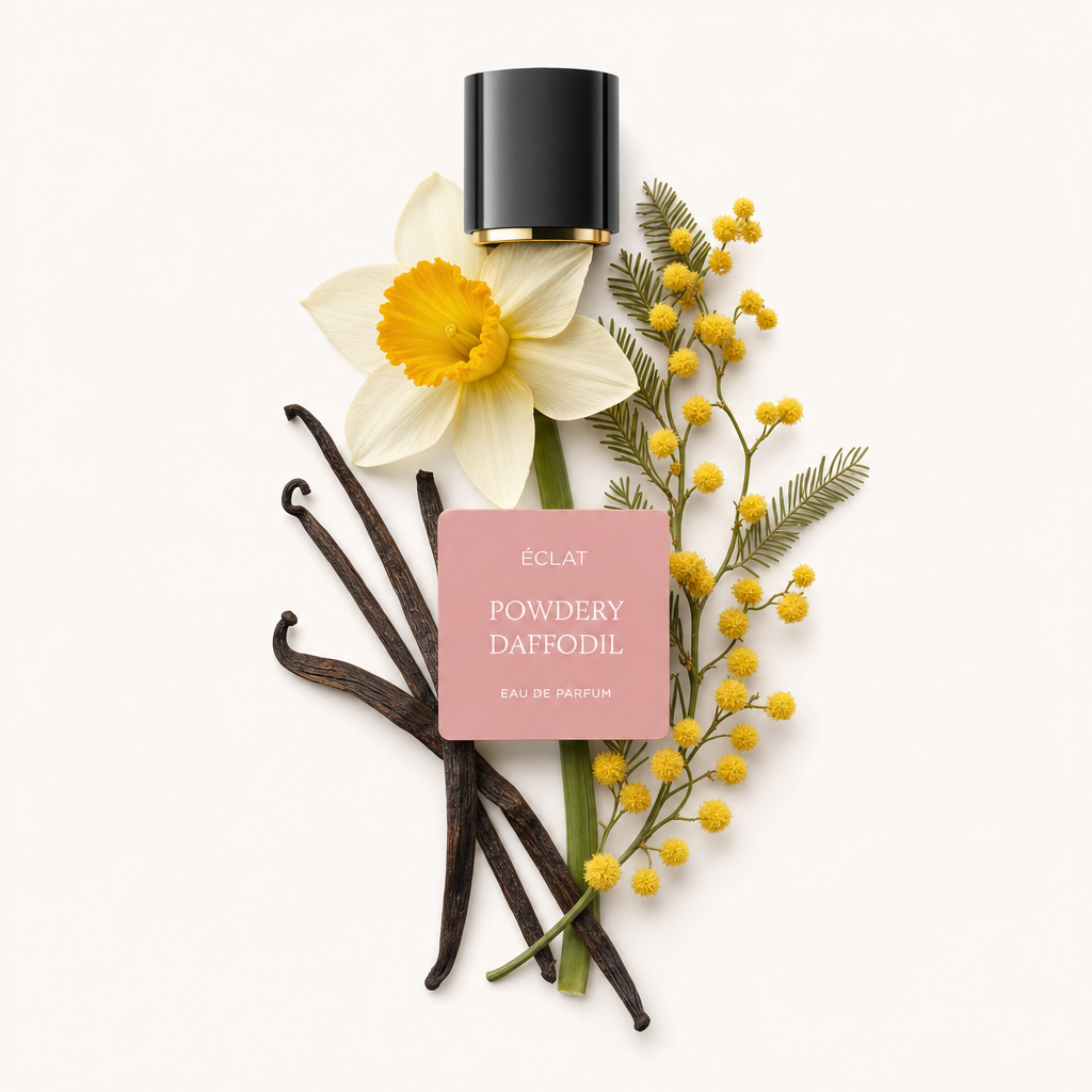 Ein Arrangement aus Vanilleschoten, einer Narzisse und Mimosenblüten umgeben eine schwarze Kappe mit goldfarbenem Akzent, beschriftet mit ÉCLAT Powdery Daffodil.
