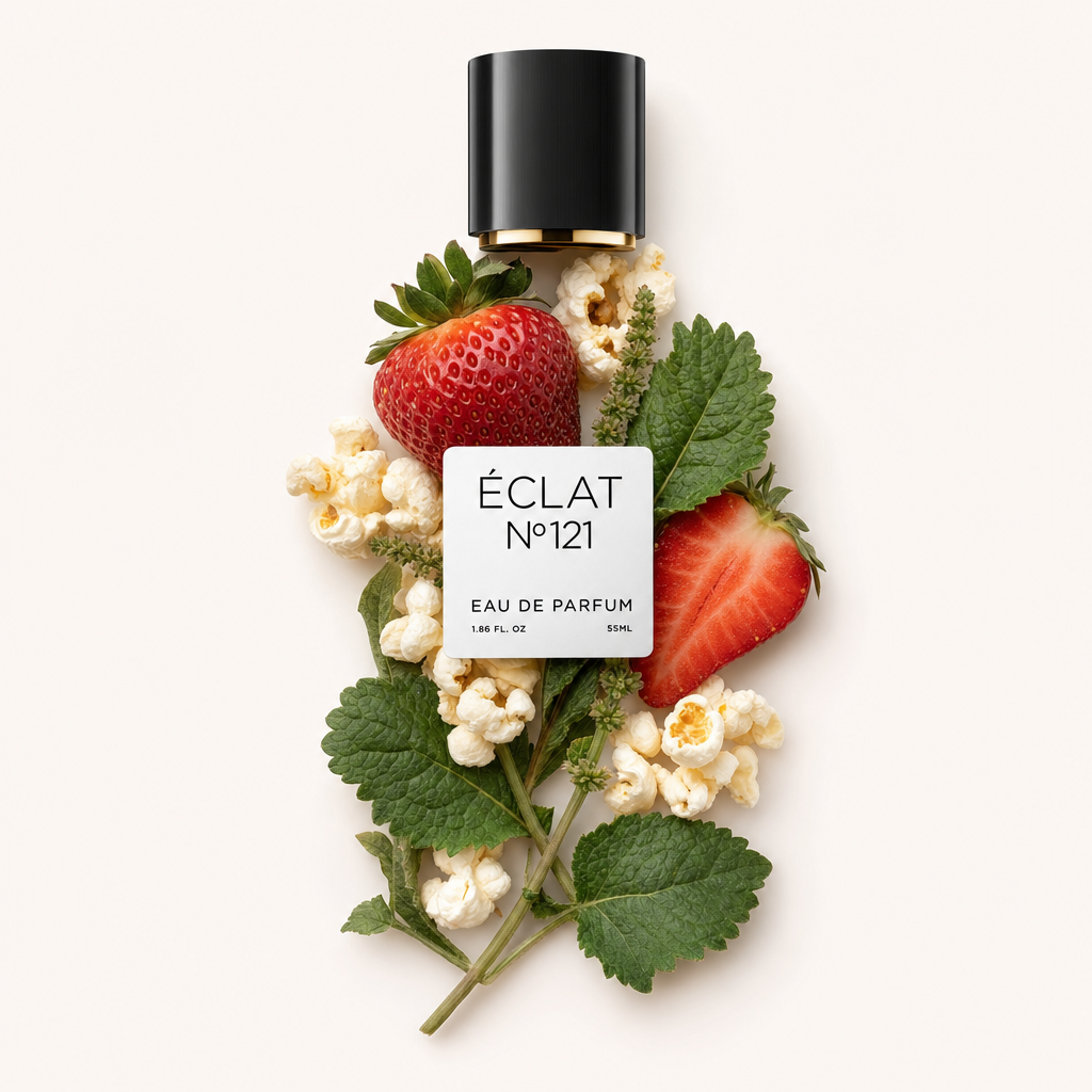 Ein von Hand arrangiertes Stillleben zeigt Erdbeeren, Popcorn und grüne Blätter um die originale schwarze Kappe von ÉCLAT mit Etikett.
