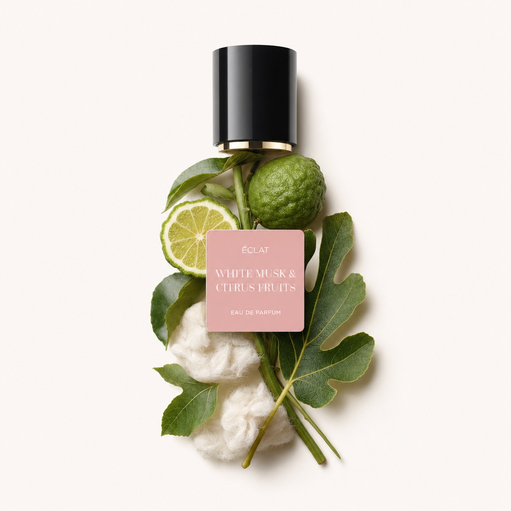 Ein Arrangement von Zutaten, das ÉCLAT White Musk & Citrus Fruits zeigt, mit frischer Limette, Bergamotte, grünen Blättern und weichen Fasern, mit der originalen schwarzen Kappe und Etikett.