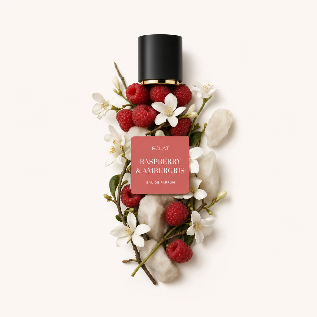 Himbeeren, weiße Blüten und Ambra-Stücke sind kunstvoll um eine schwarze Kappe mit Etikett angeordnet, das ÉCLAT Raspberry & Ambergris zeigt.