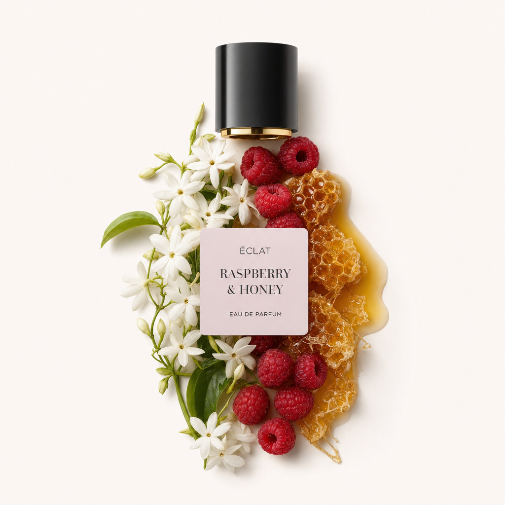 Ein elegantes Arrangement aus frischen Himbeeren, Honigwaben und Jasminblüten umgibt eine schwarze Kappe mit ÉCLAT Raspberry & Honey Etikett.
