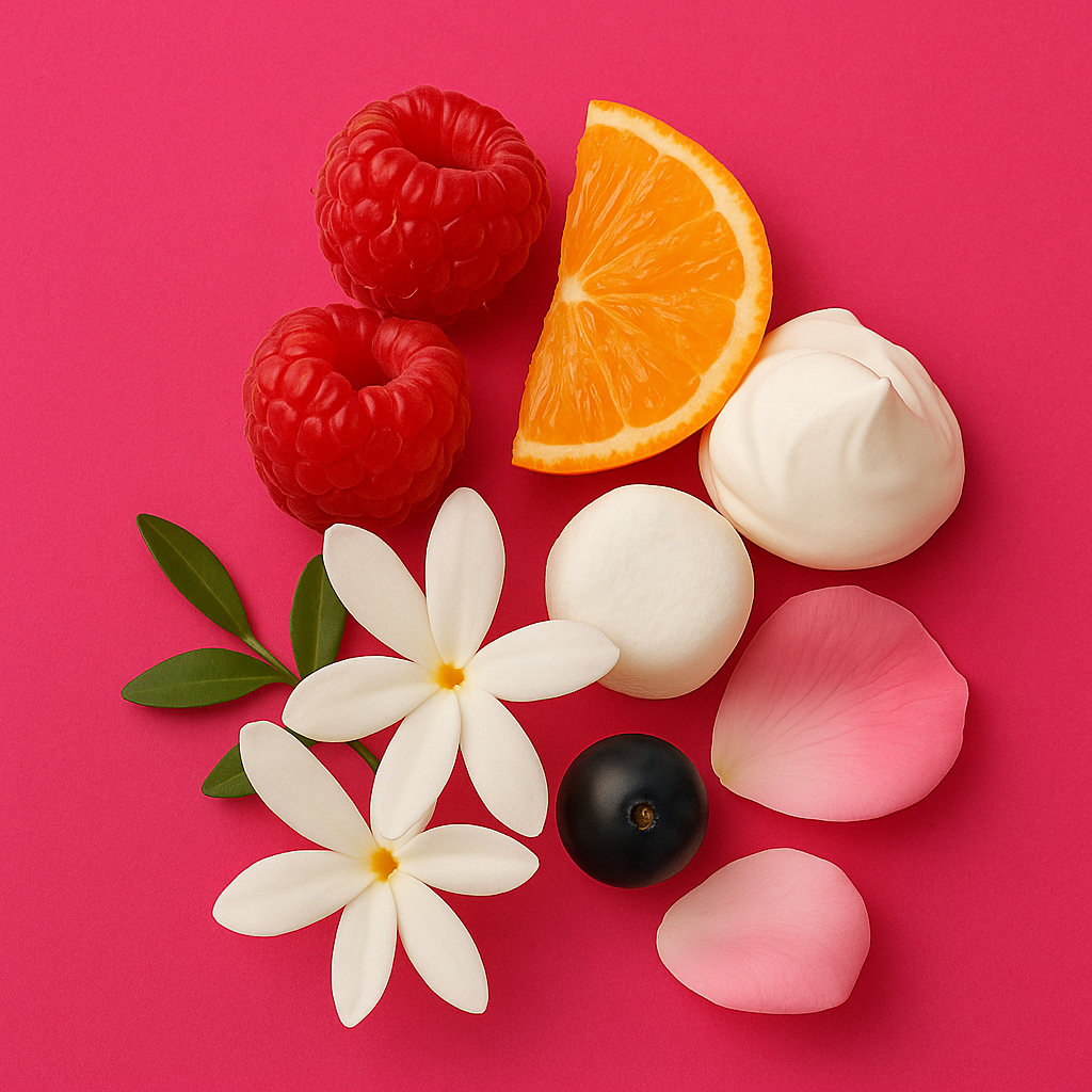 Ein Arrangement aus Himbeeren, einer Orangenscheibe, Baisers, weißen Blüten, Blättern, einer schwarzen Johannisbeere und rosa Blütenblättern auf einem lebhaften pinken Hintergrund.