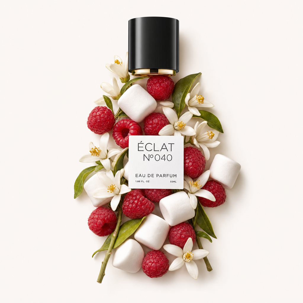 Ein Arrangement aus weißen Marshmallows, frischen Himbeeren und zarten weißen Blüten umgibt eine schwarze Verschlusskappe mit ÉCLAT VIP Raspberry & Marshmallow Etikett.