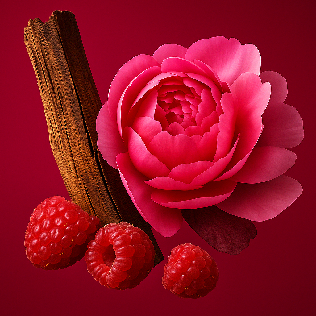 Eine lebendige Komposition aus Himbeere, Rosenblüte und Zimstange auf einem tiefroten Hintergrund.