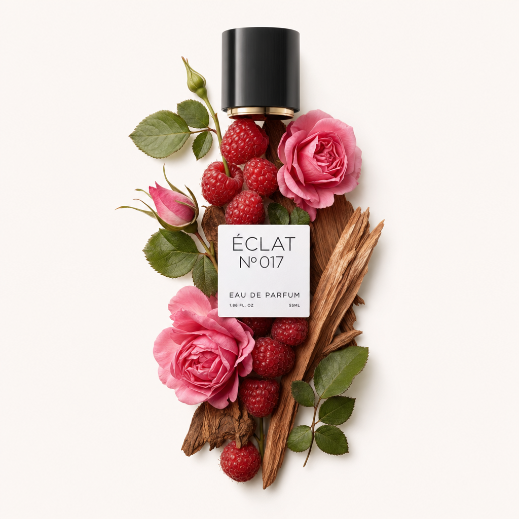 Ein Arrangement aus frischen Himbeeren und rosa Rosen, durchsetzt mit grünen Blättern und hölzernen Akzenten. Oben liegt eine schwarze Kappe mit einem Etikett für ÉCLAT Raspberry & Rose.