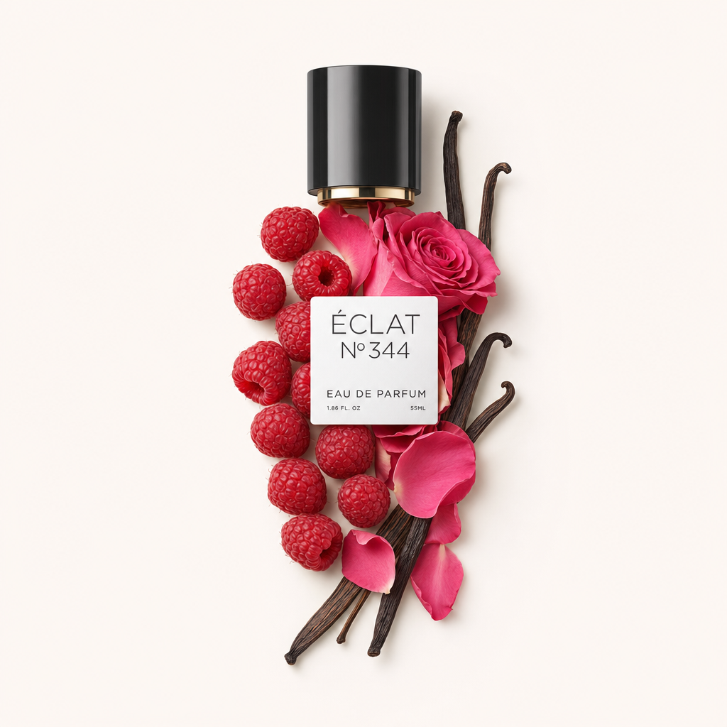 Ein elegantes Arrangement aus Himbeeren, rosa Rosenblüten und Vanilleschoten umgibt eine schwarze Kappe mit weißem Etikett von ÉCLAT Raspberry & Vanilla.