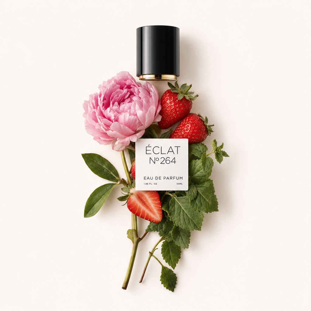 Ein Arrangement aus Erdbeeren, grünen Blättern und einer einzelnen pinken Pfingstrose um eine schwarze Kappe mit goldfarbenem Akzent, das Etikett für ÉCLAT Red Berries & Patchouli zeigend.