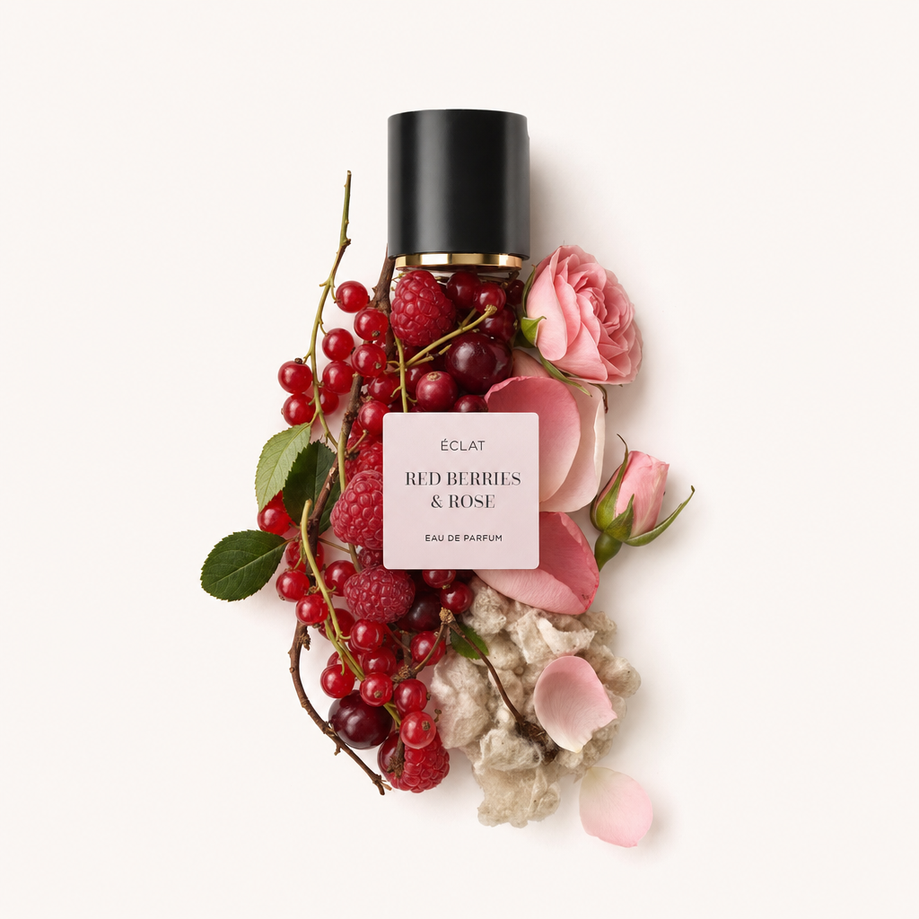 Ein Arrangement aus roten Beeren, Himbeeren und rosa Rosen umgibt eine schwarze Kappe mit dem Etikett ÉCLAT Red Berries & Rose.