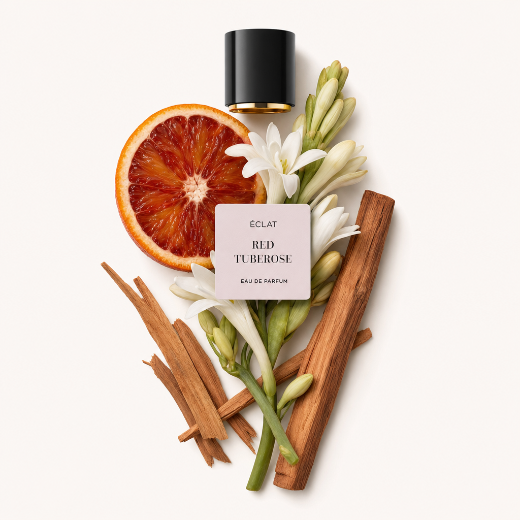 Ein Arrangement aus ÉCLAT Red Tuberose Zutaten mit Zimtstangen, weißen Tuberosenblüten und einer Scheibe Blutorange, neben einer schwarzen Kappe mit Etikett.