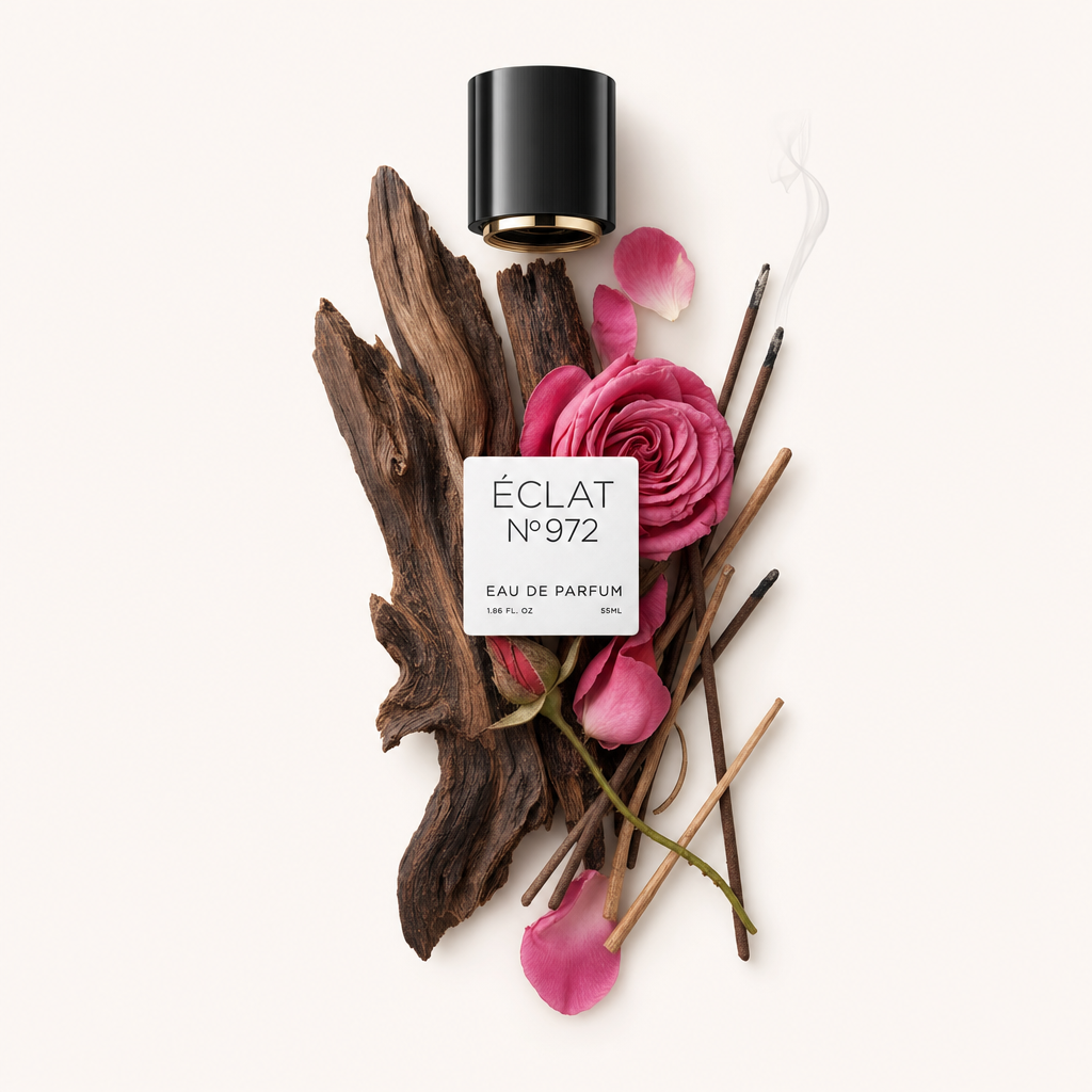 Ein kunstvolles Arrangement mit einem Stück Adlerholz, rosa Rosenblättern und Räucherstäbchen, mit einer schwarzen Kappe, die das Etikett von ÉCLAT Resinous Oud zeigt.
