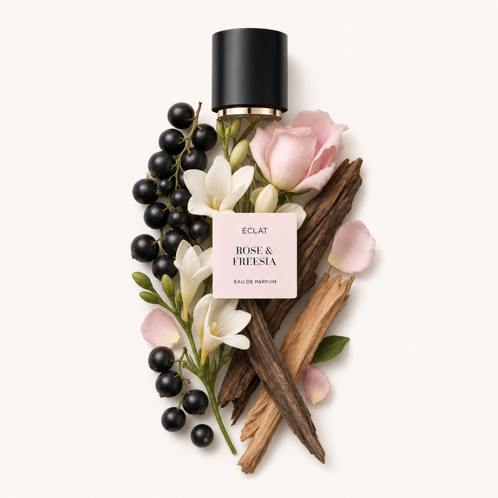 Ein Arrangement aus frischer Rose, Freesie, schwarzen Johannisbeeren und holzigen Noten umgibt eine schwarze Kappe mit einem Etikett des ÉCLAT Rose & Freesia.