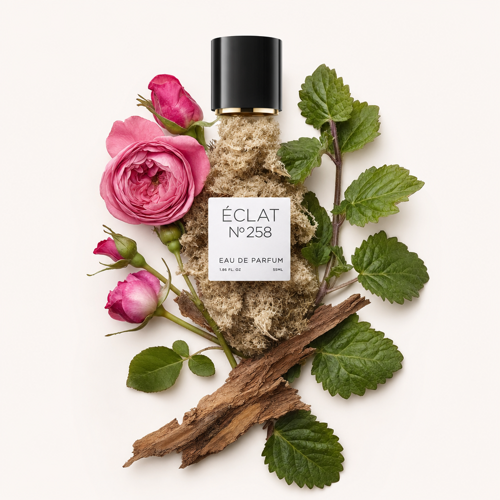Ein von Hand arrangiertes Stillleben aus frischen Rosenblüten, weichem Moos und holzigen Elementen, oben die schwarze Kappe mit Etikett von ÉCLAT Rose, Musc & Woods.