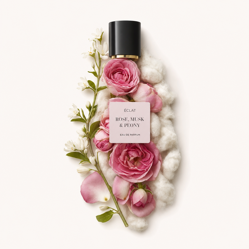Ein Arrangement aus pinken Rosen, weißen Blüten und weicher Baumwolle umgibt eine schwarze Kappe mit goldfarbenem Band. Das Etikett zeigt ÉCLAT Rose, Musk & Peony.