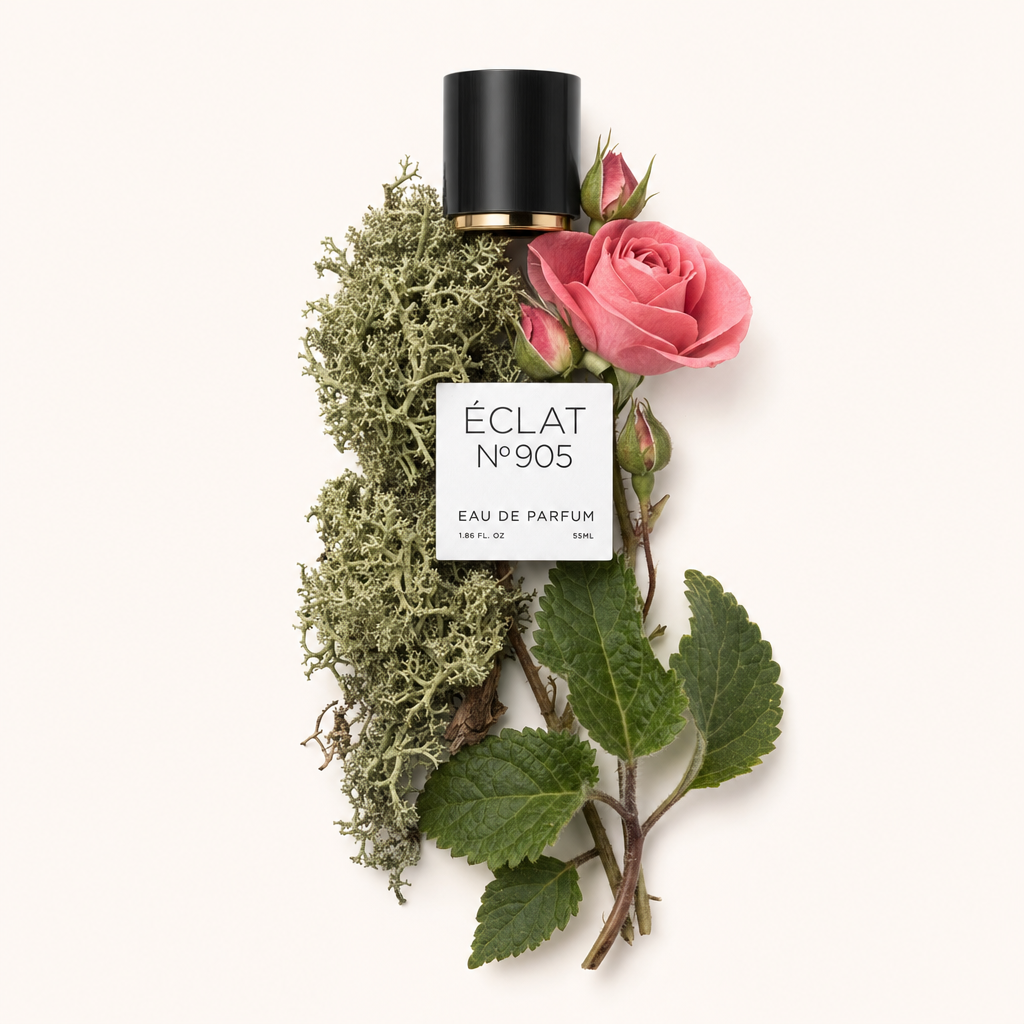 Ein Arrangement aus üppigem grünem Eichenmoos, einer zarten rosa Rose und grünen Blättern begleitet eine schwarze Kappe mit goldener Verzierung, beschriftet ÉCLAT 905 VIP.