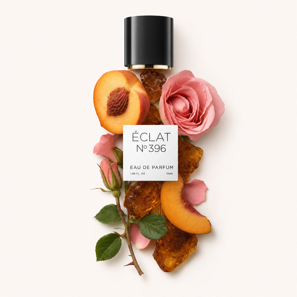 Ein Arrangement mit einer rosa Rose, Pfirsichscheiben und Bernsteinsteinen um eine schwarze Kappe mit ÉCLAT Rose & Peach Etikett.