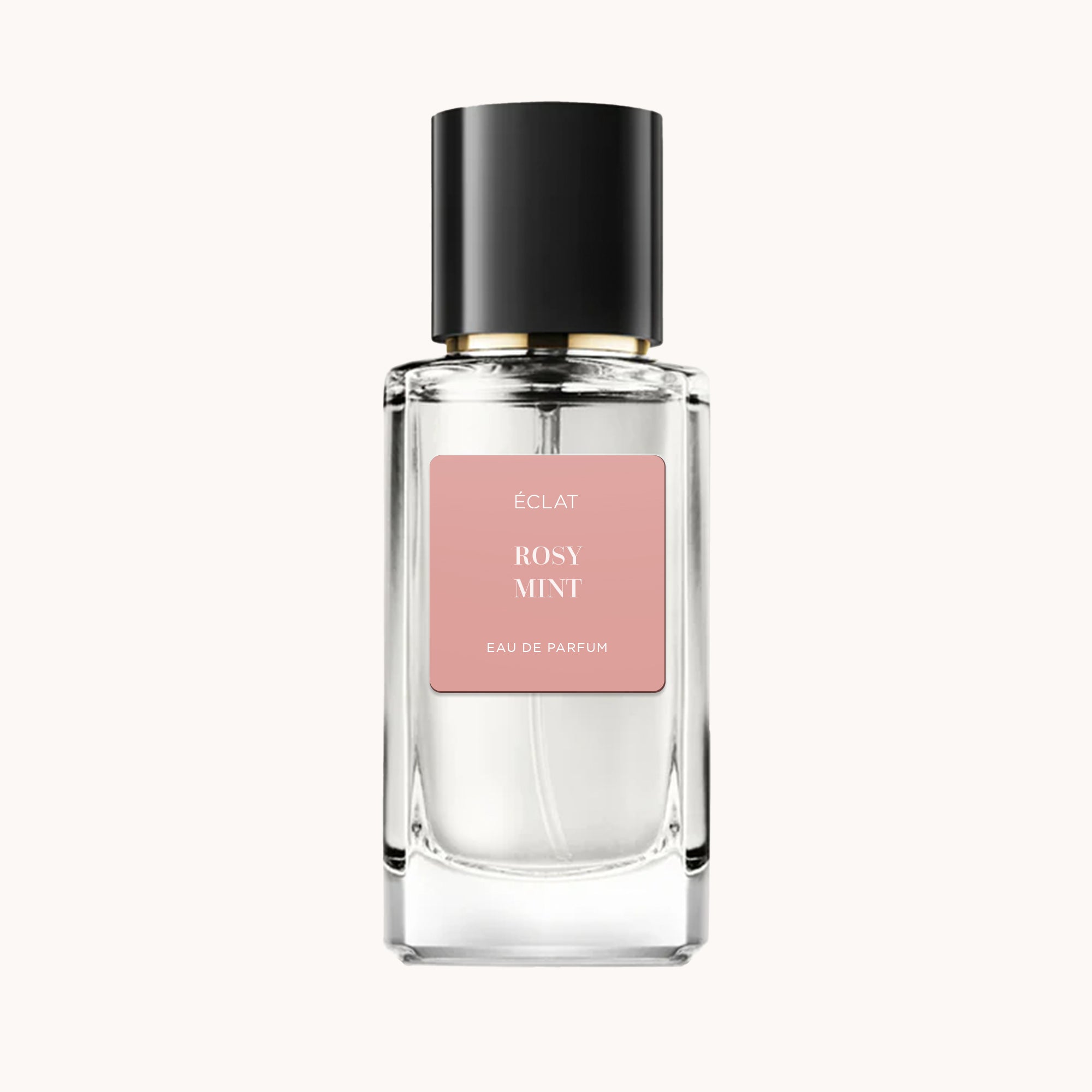 ÉCLAT Rosy Mint in einem klaren Glasflakon mit schwarzem Verschluss und rosa Etikett.