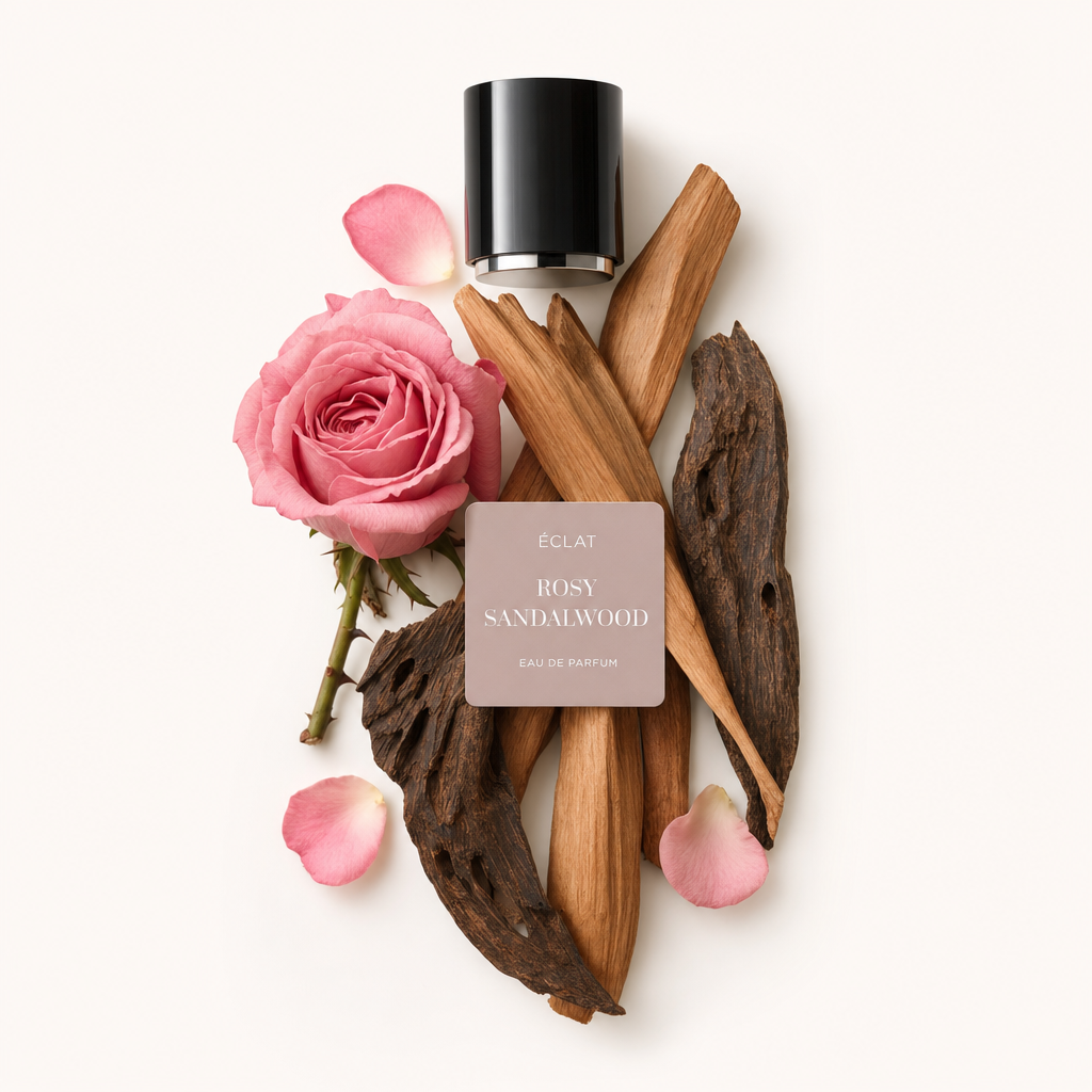 Ein Arrangement aus rosa Rose, Sandelholz und dunklen Holzstücken, umgeben von rosa Blütenblättern, umgibt eine schwarze Kappe mit einem Etikett von ÉCLAT Rosy Sandalwood.