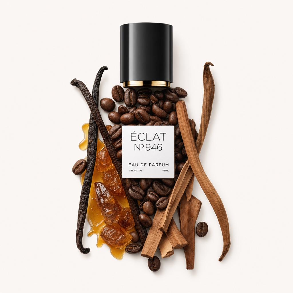 Ein Arrangement aus Vanilleschoten, Kaffeebohnen, Karamell und Holzspänen umgibt eine schwarze Kappe mit ÉCLAT-Etikett.