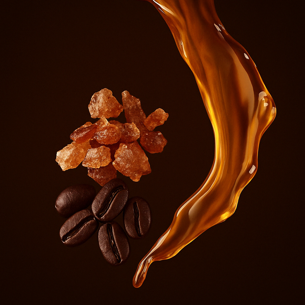 Schimmernde Kaffeebohnen und Bernsteintropfen, begleitet von einer wirbelnden Welle goldener Flüssigkeit, symbolisieren ÉCLAT Rum & Coffee.