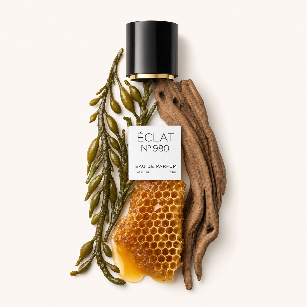 Ein Arrangement aus Algen, Honigwabe und Treibholz umgibt eine schwarze Verschlusskappe mit Etikett für ÉCLAT Salty Honey & Woods.