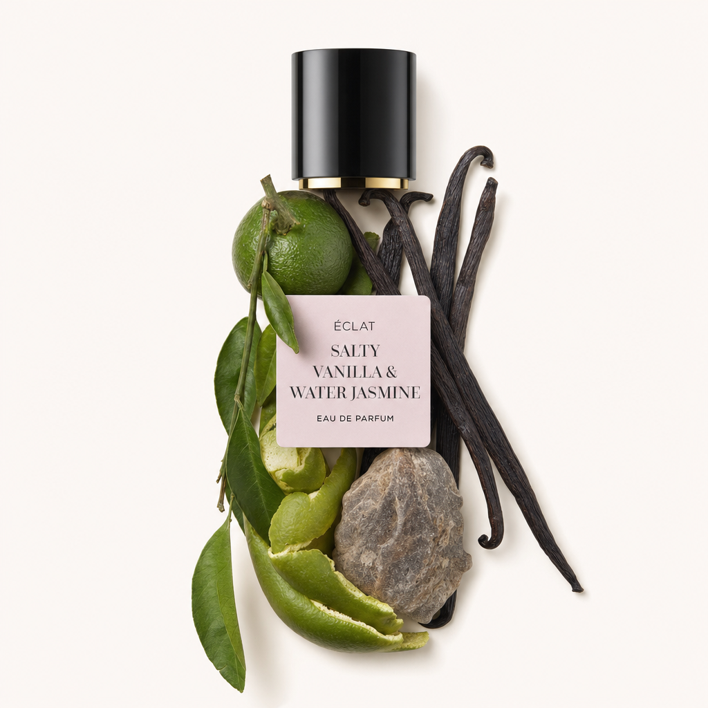 Ein Arrangement aus Limette, Vanilleschoten und grünen Blättern mit einem Stein, umgeben von einer schwarzen Kappe mit ÉCLAT Salty Vanilla & Water Jasmine Etikett.
