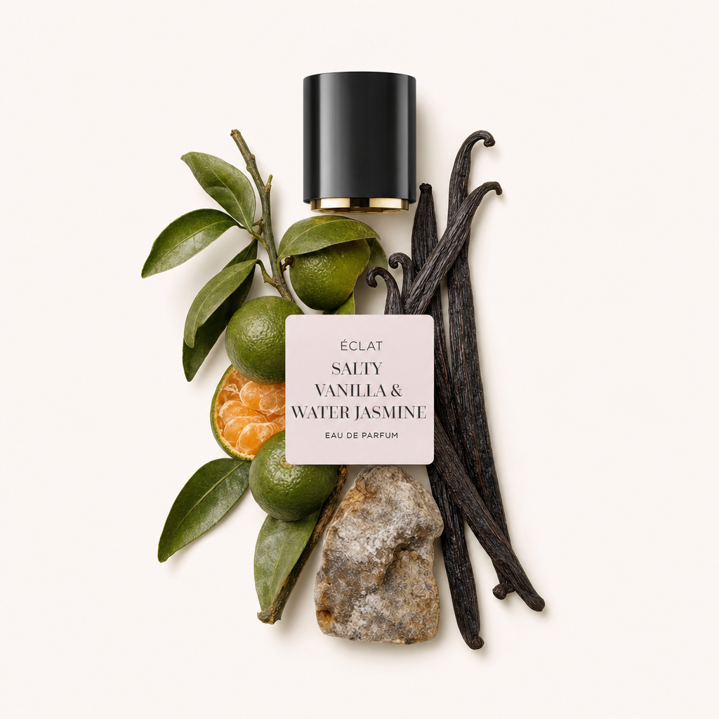 Ein Arrangement der Zutaten von ÉCLAT Salty Vanilla & Water Jasmine mit Zitrusfrüchten, Vanilleschoten und einem Stein neben einer schwarzen Kappe mit Etikett.